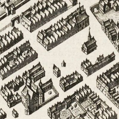 Waage, darüber Gasthaus (Mitte); Münze (u. li.); (Auszug aus Stadtplan Blaeu 1652)